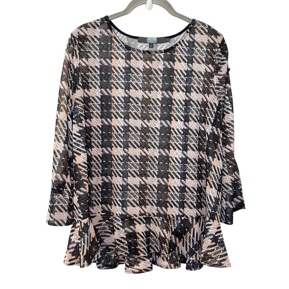 Eva Franco Anthropologie Belinda Plaid‎ Top Semi Sheer Mesh Ruffle Bell Sleeve